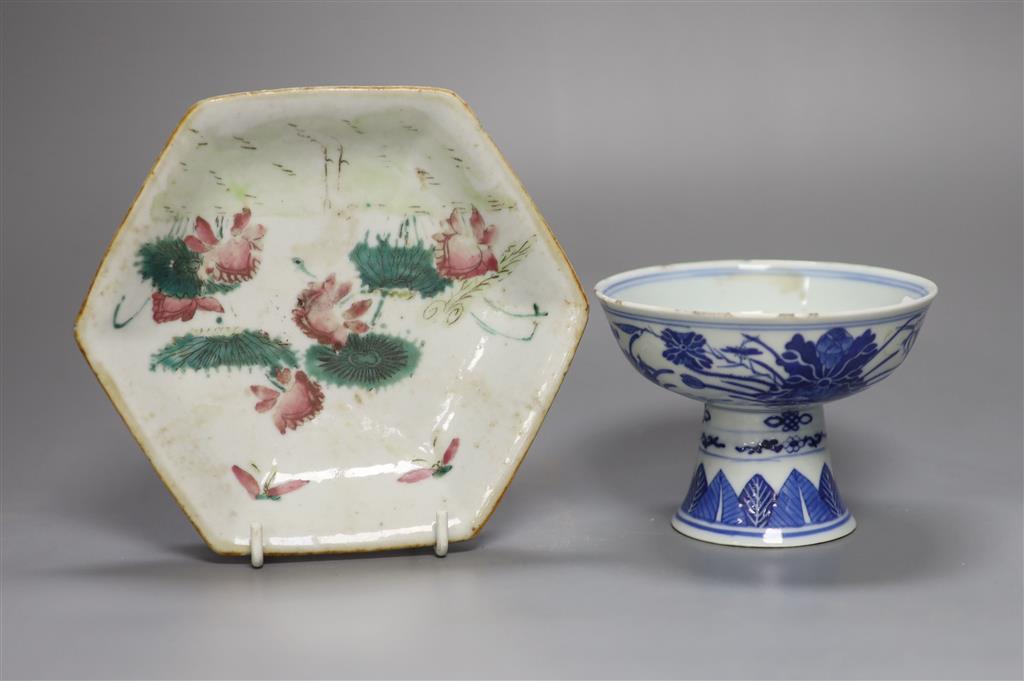 A late 19th century Chinese blue and white porcelain stem cup, decorated throughout with cranes, Qianlong mark to side, 8cm high, 11cm